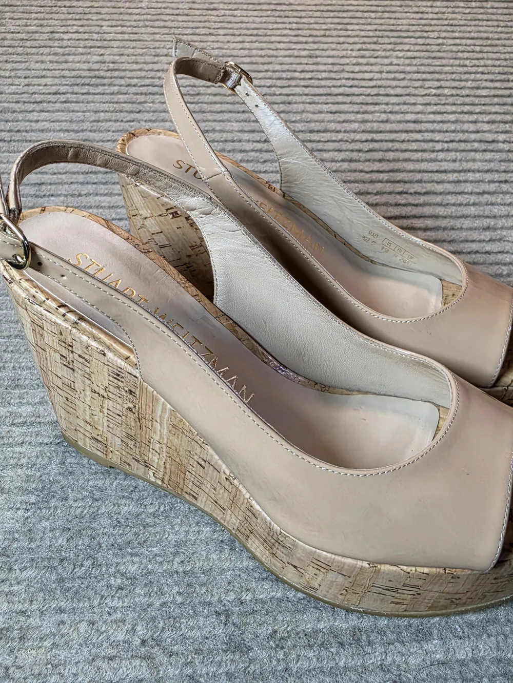 Stuart Weitzman peep toe wedge heels nude shiny cork, size 8.5, 3.5